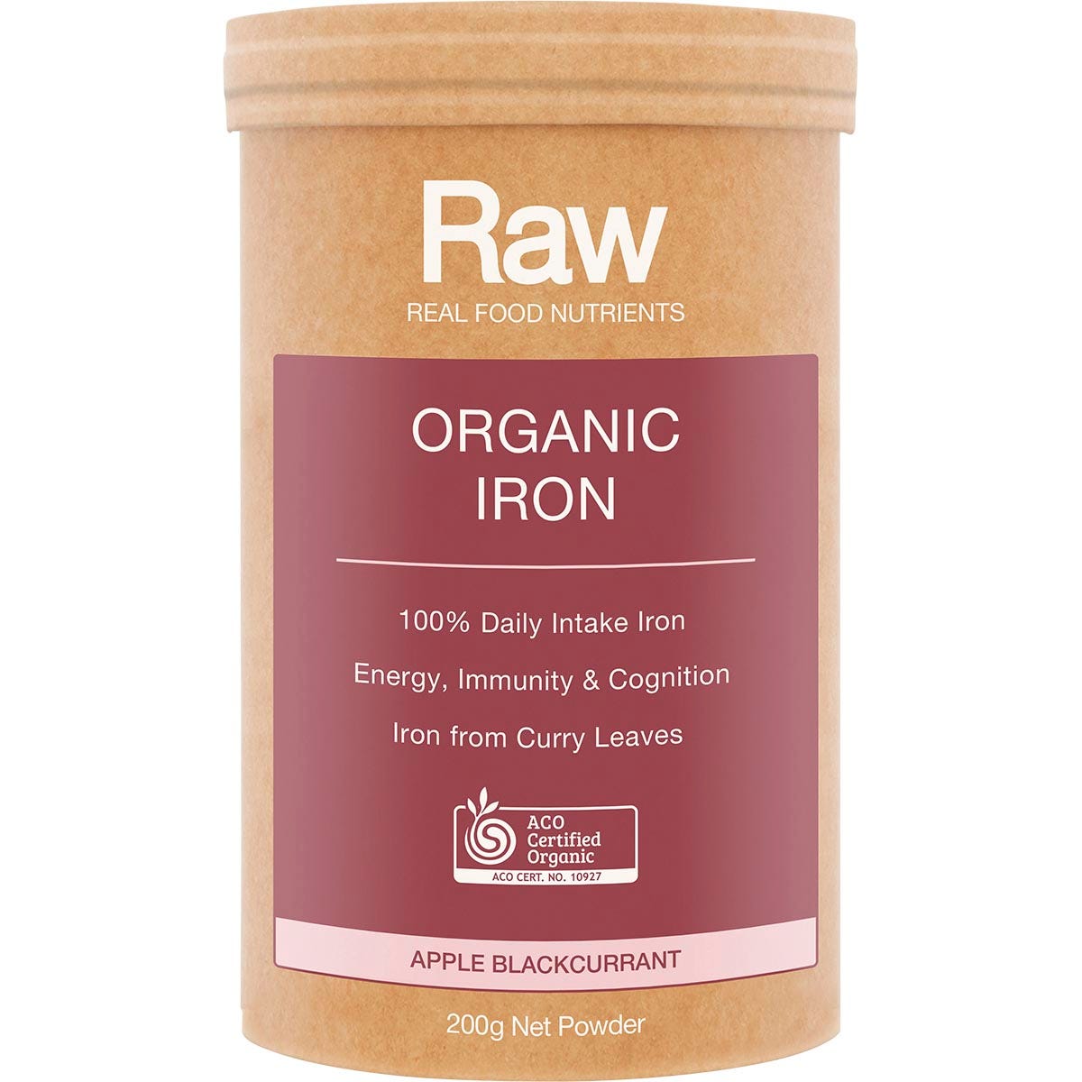 200g tub of Amazonia Raw Organic Iron Apple Blackcurrant with a white container and botanical illustrations.