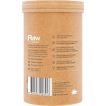 Left-side view of an Amazonia Raw Organic Iron 200g tub with apple and blackcurrant illustrations on a white background.