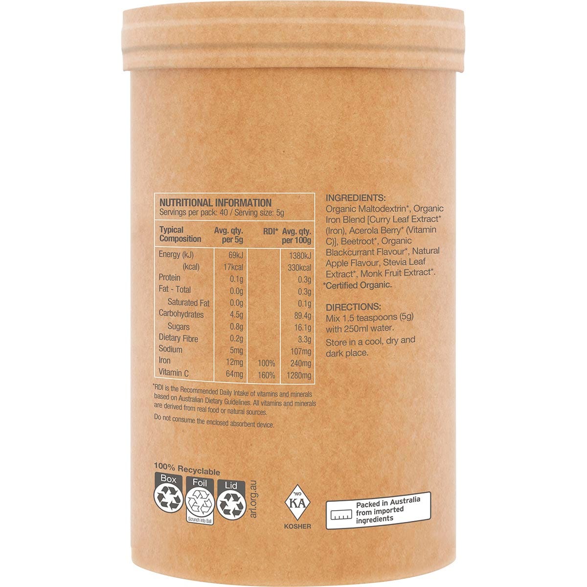 Right-side view of a 200g tub of Amazonia Raw Organic Iron showing botanical illustrations on a white background.