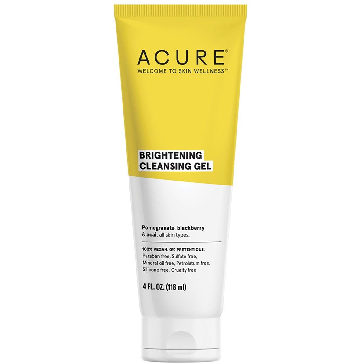 ACURE Brightening Cleansing Gel 118ml yellow plastic tube with pomegranate, blackberry, and acai nutrients.