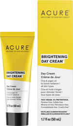 50ml tube and yellow box of ACURE Brightening Day Cream with cica and argan oil for all skin types.