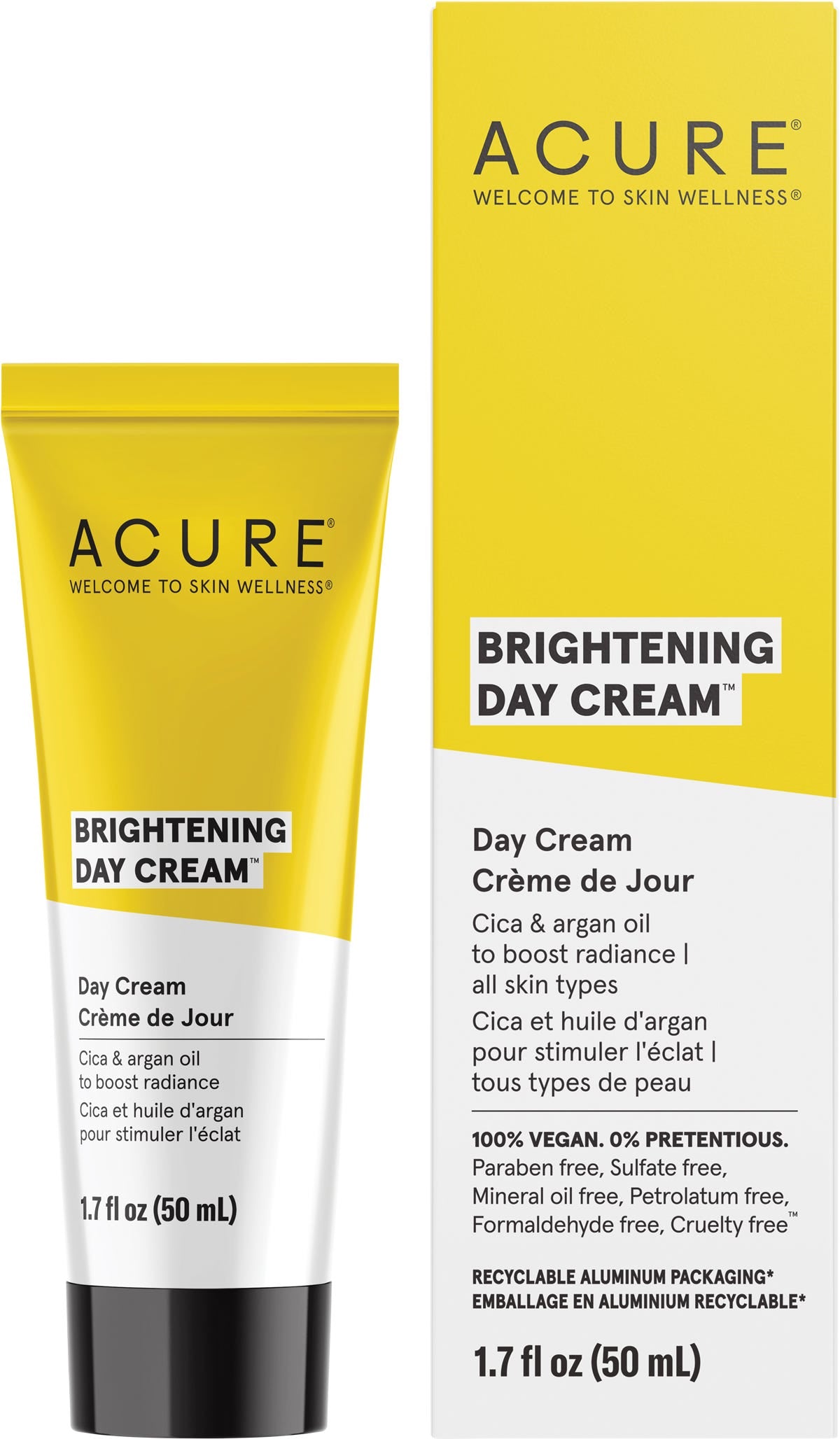 50ml tube and yellow box of ACURE Brightening Day Cream with cica and argan oil for all skin types.