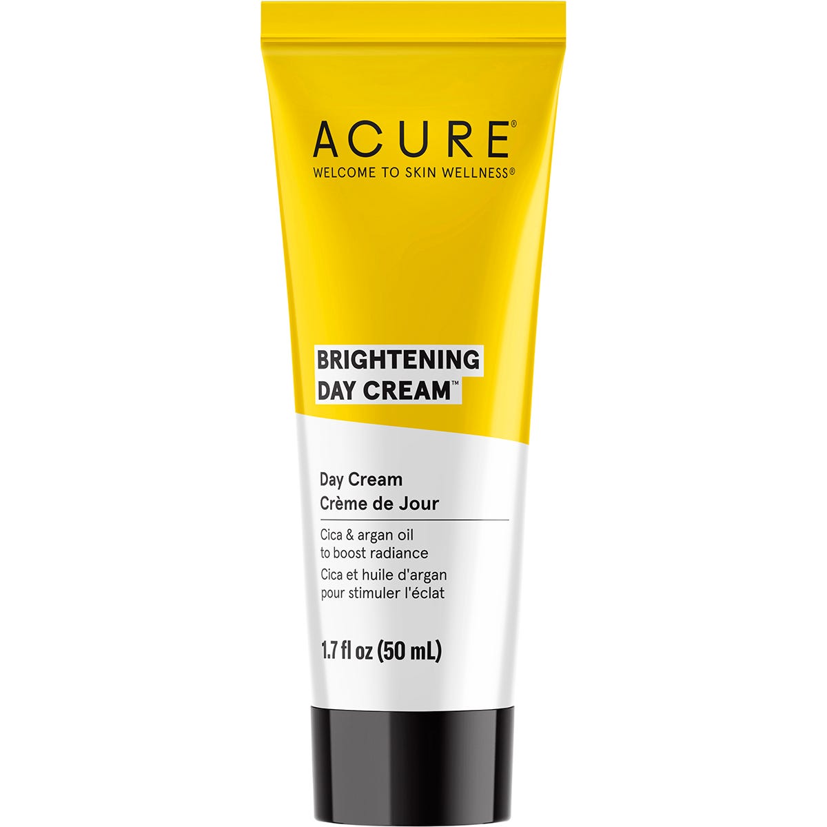 ACURE Brightening Day Cream 50ml tube featuring cica and argan oil on a white background.