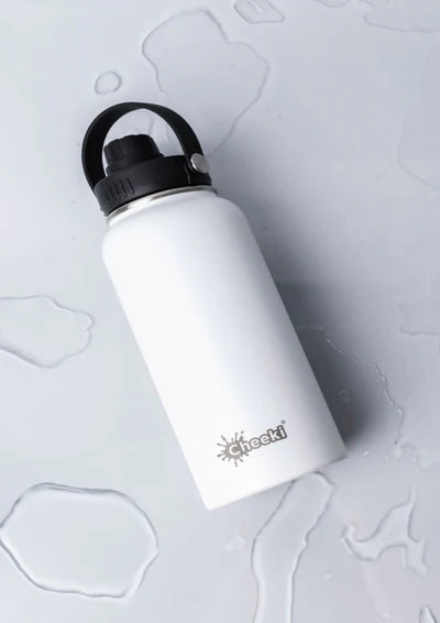 White 1L Cheeki Adventure insulated water bottle on a white background with its dual-option sipping lid and carry handle.