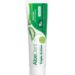 Aloe Dent Triple Action fluoride-free toothpaste 100ml tube featuring aloe vera and tea tree oil on a white background.