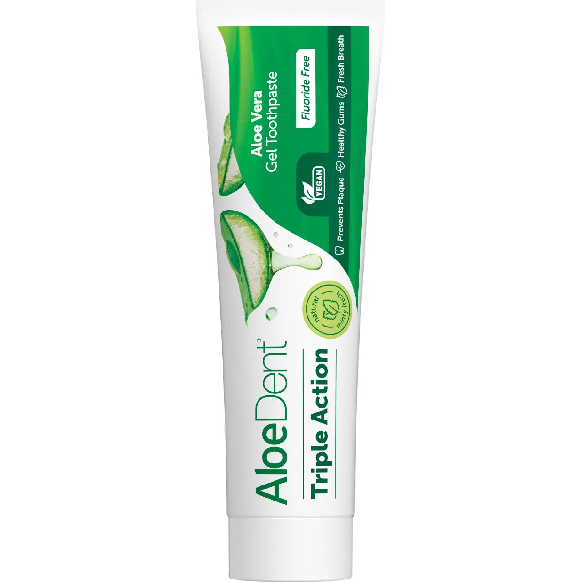 Aloe Dent Triple Action fluoride-free toothpaste 100ml tube featuring aloe vera and tea tree oil on a white background.