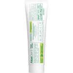 Back of Aloe Dent Triple Action toothpaste tube showing ingredients and directions on a white background.