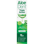 Front of the Aloe Dent Triple Action fluoride-free toothpaste box with green and white branding on a white background.