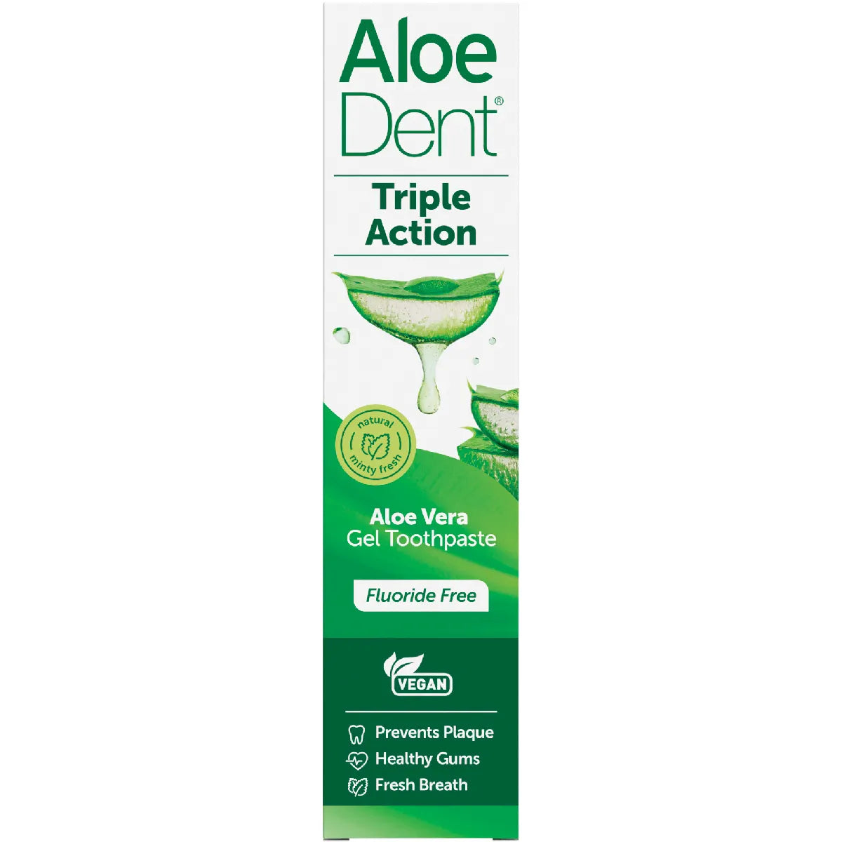 Front of the Aloe Dent Triple Action fluoride-free toothpaste box with green and white branding on a white background.
