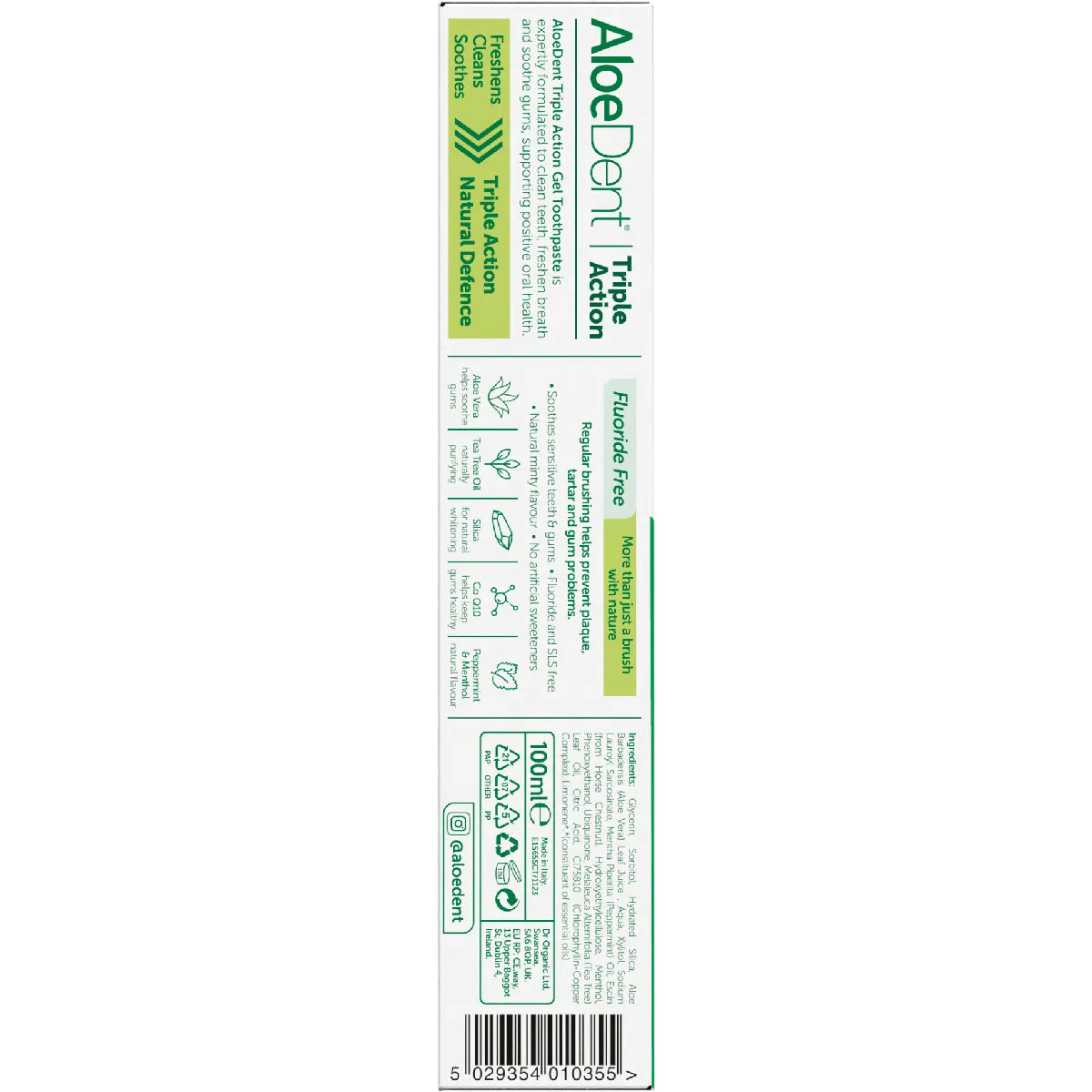 Back of Aloe Dent Triple Action toothpaste box with ingredients, directions, and product features on a white background.