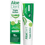 Aloe Dent Triple Action fluoride-free toothpaste 100ml tube and box featuring aloe vera and tea tree oil.