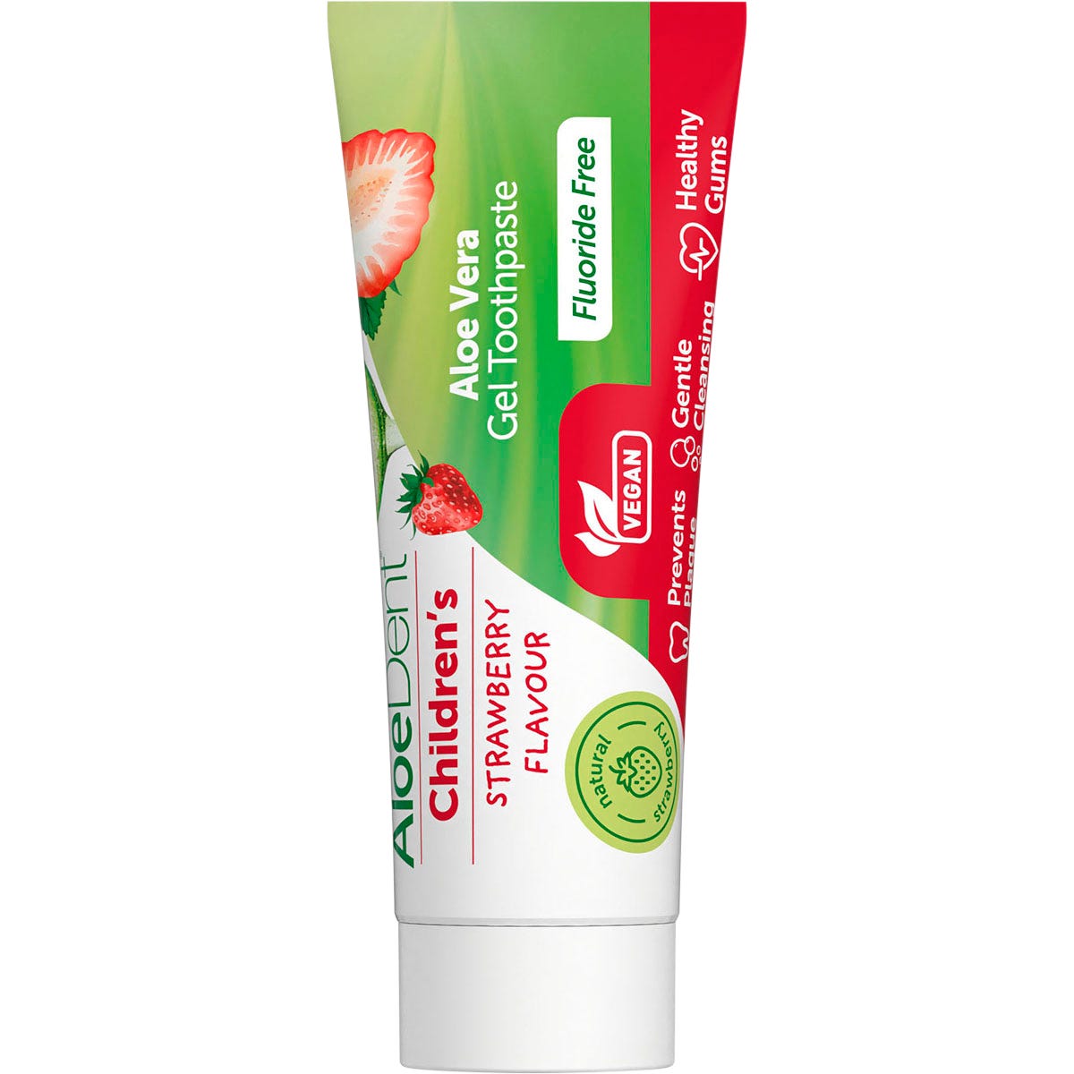 Aloe Dent 50ml children's strawberry fluoride-free toothpaste tube featuring a pink and white design.