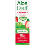Pink and white box for Aloe Dent Children's Strawberry Fluoride Free Toothpaste showing product benefits and 50ml size.