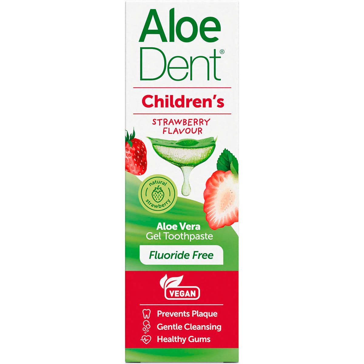 Pink and white box for Aloe Dent Children's Strawberry Fluoride Free Toothpaste showing product benefits and 50ml size.