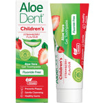 Aloe Dent children's strawberry fluoride-free toothpaste tube and box with a toothbrush and fresh strawberries.