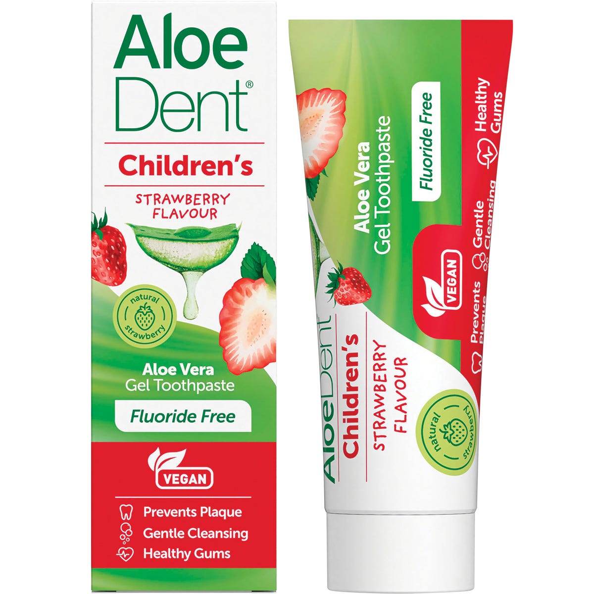 Aloe Dent children's strawberry fluoride-free toothpaste tube and box with a toothbrush and fresh strawberries.