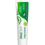 Aloe Dent Triple Action Toothpaste 100ml tube with aloe vera and tea tree oil illustrations on a white background.
