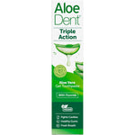 100ml box of Aloe Dent Triple Action Toothpaste with fluoride on a white background.