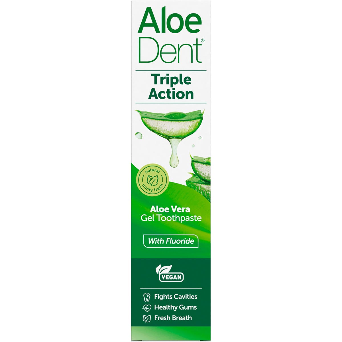 100ml box of Aloe Dent Triple Action Toothpaste with fluoride on a white background.