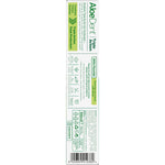 Back of Aloe Dent Triple Action Toothpaste box with ingredients, directions, and product features on a white background.