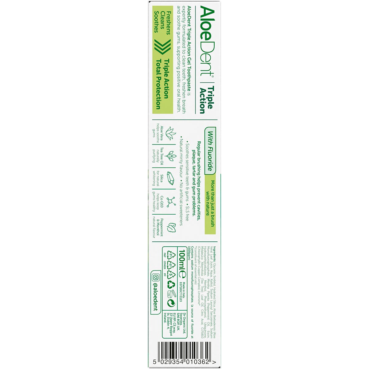 Back of Aloe Dent Triple Action Toothpaste box with ingredients, directions, and product features on a white background.