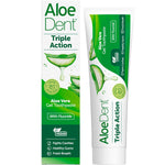 Aloe Dent Triple Action Toothpaste 100ml tube and box featuring aloe vera and tea tree oil for natural protection.
