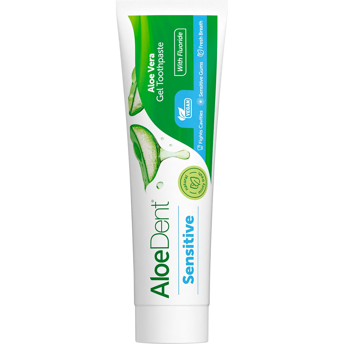 Aloe Dent Sensitive 100ml toothpaste tube with aloe vera and fluoride for healthy teeth and gums.