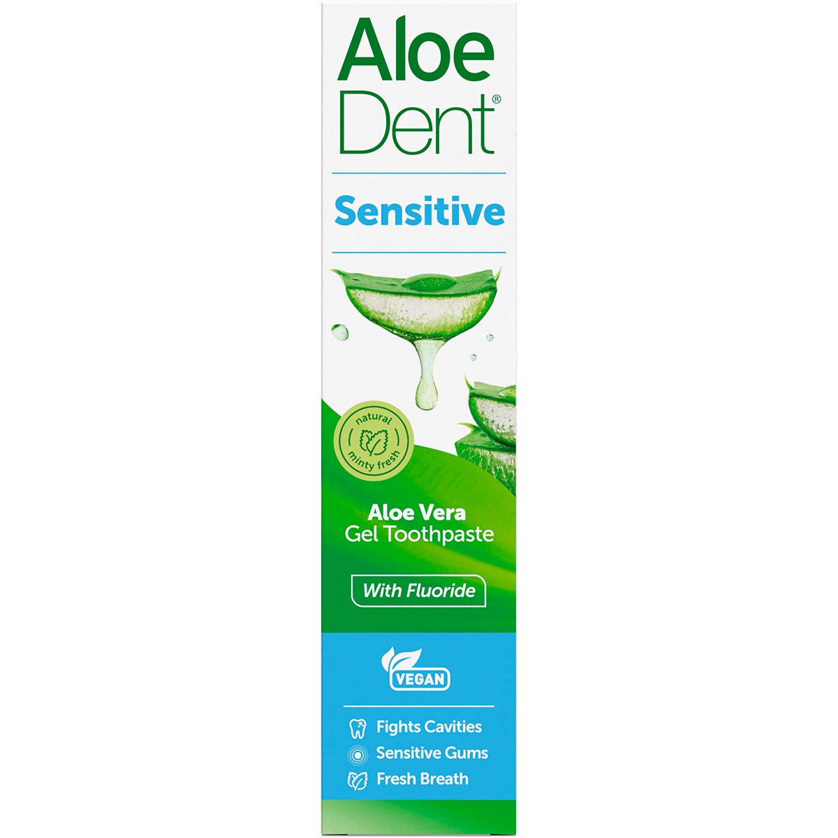 Aloe Dent 100ml Sensitive toothpaste box with aloe vera and fluoride for healthy teeth and gums.