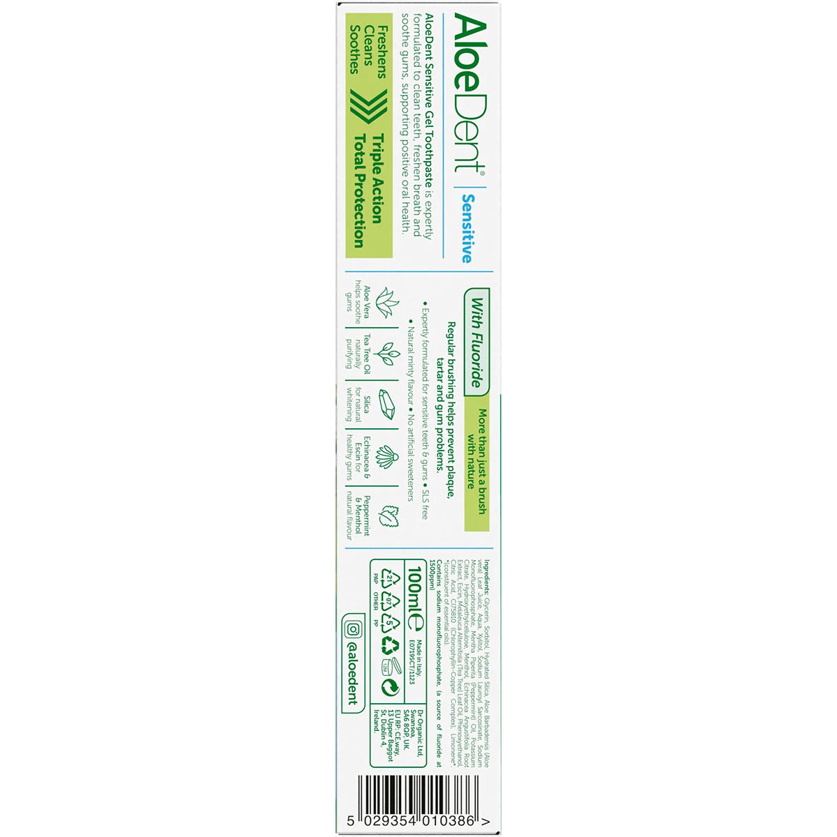 Back of Aloe Dent Sensitive toothpaste box with nutrition facts, ingredients, and directions for use.