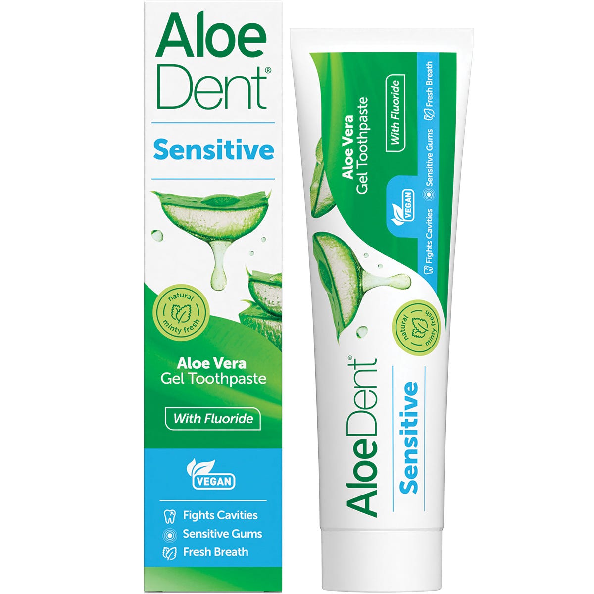 Aloe Dent 100ml Sensitive toothpaste tube and box with aloe vera and fluoride for healthy teeth and gums.