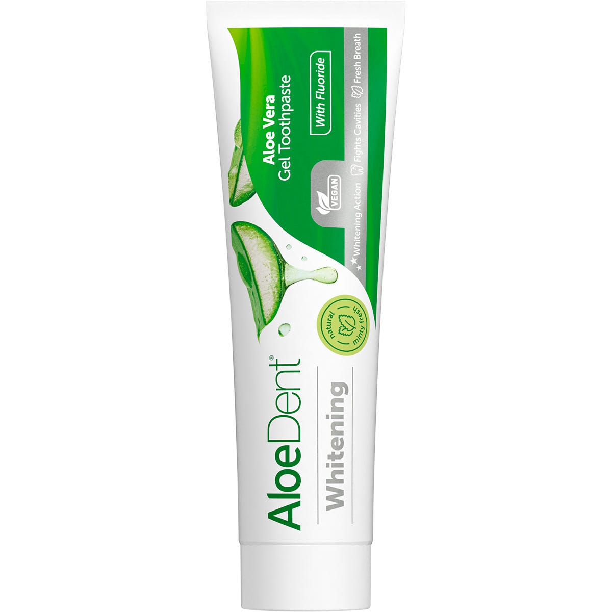Aloe Dent Whitening Toothpaste 100ml tube with natural ingredients and mint flavor on a white background.