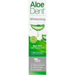 Aloe Dent Whitening Toothpaste 100ml box with natural ingredients and mint flavor on a white background.