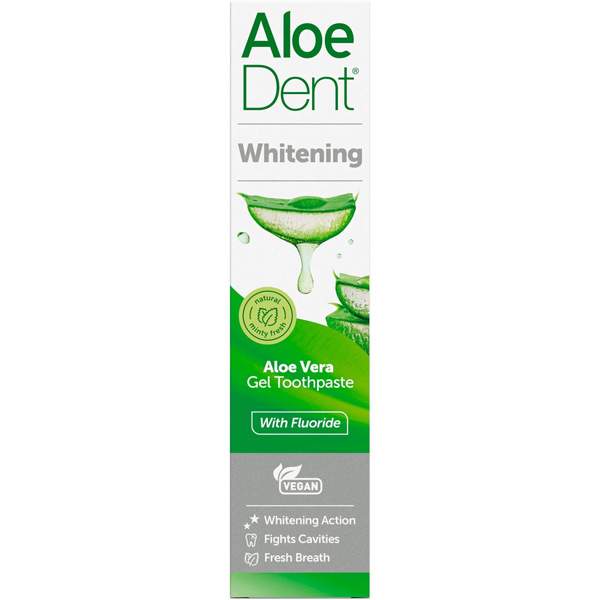 Aloe Dent Whitening Toothpaste 100ml box with natural ingredients and mint flavor on a white background.