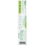 Back of Aloe Dent Whitening Toothpaste box with ingredients, directions, and natural features on a white background.
