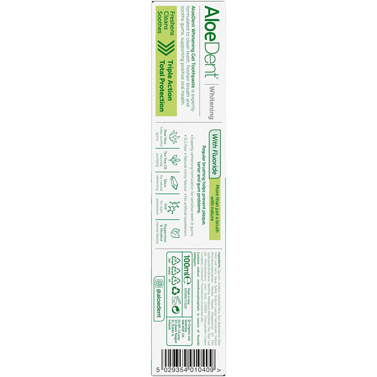Back of Aloe Dent Whitening Toothpaste box with ingredients, directions, and natural features on a white background.