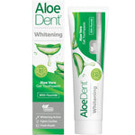 Aloe Dent Whitening Toothpaste with Fluoride 100ml tube and box showing natural ingredients and mint flavor.