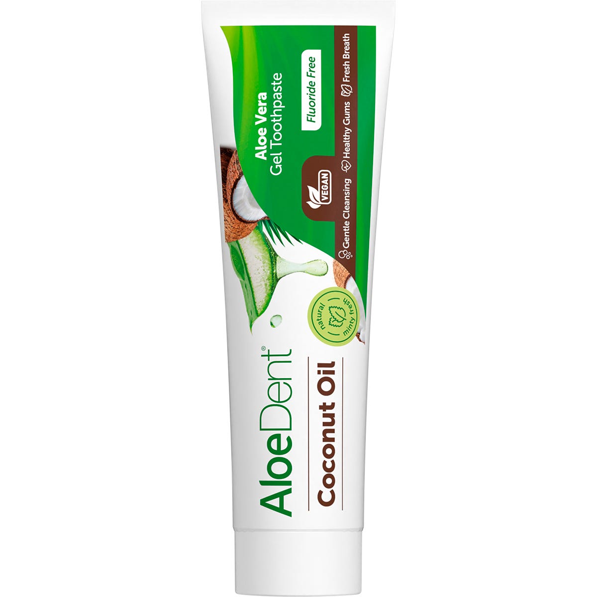Aloe Dent coconut oil fluoride-free toothpaste 100ml tube featuring aloe vera and natural ingredients.