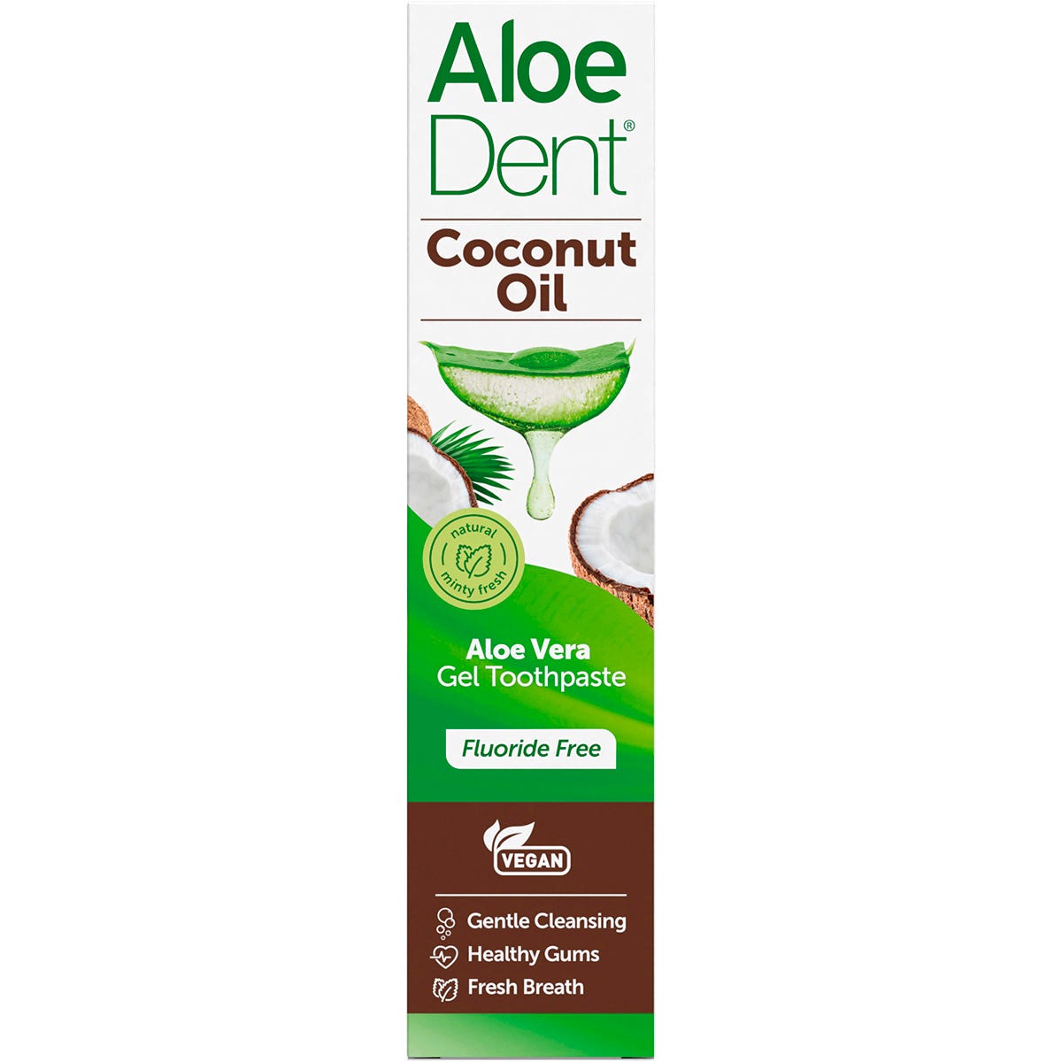 100ml box of Aloe Dent Coconut Oil Fluoride Free Toothpaste featuring aloe vera and natural ingredients.