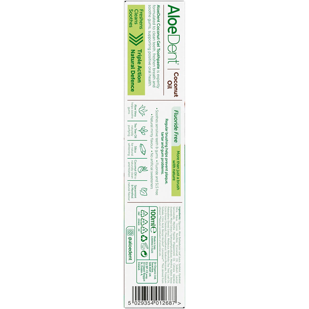 Back of Aloe Dent Coconut Oil Toothpaste box with nutrition facts, ingredients, and instructions.