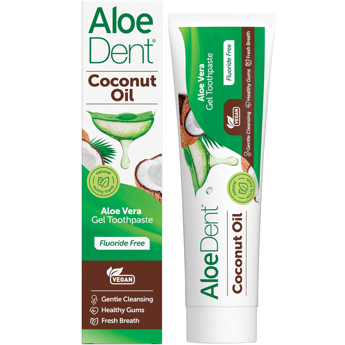 Aloe Dent coconut oil fluoride-free toothpaste 100ml tube and box featuring aloe vera and natural ingredients.