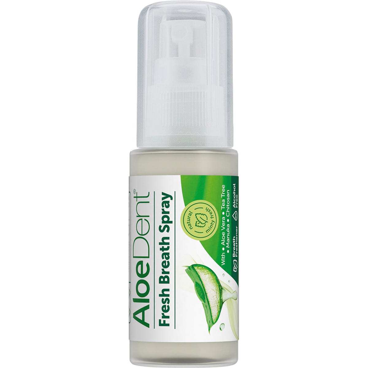 Aloe Dent Fresh Breath Spray 30ml bottle with aloe vera and tea tree oil for natural peppermint freshness.
