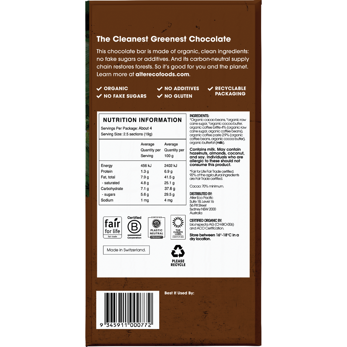 Alter Eco Chocolate Bar Coffee Brittle 70% 75g (Pack of 12)