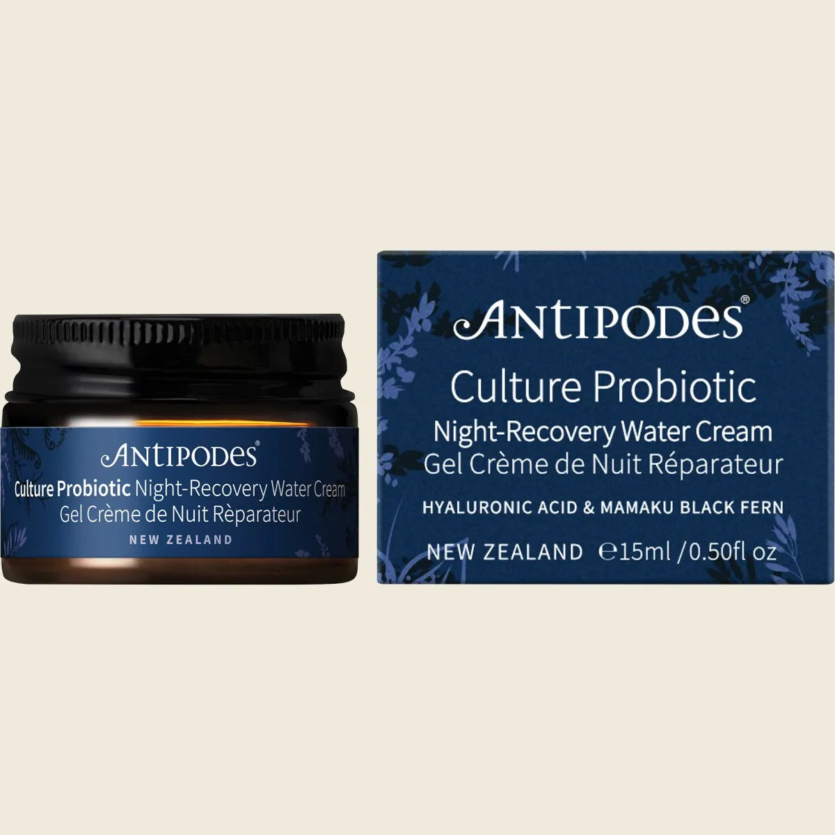 AntiPodes Culture Probiotic Night-Recovery Water Cream shown as a dark blue jar with a black lid next to its matching dark blue and white product box on a light beige background.