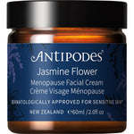Antipodes Jasmine Flower Menopause Facial Cream 60ml glass jar with a black lid and purple floral label.