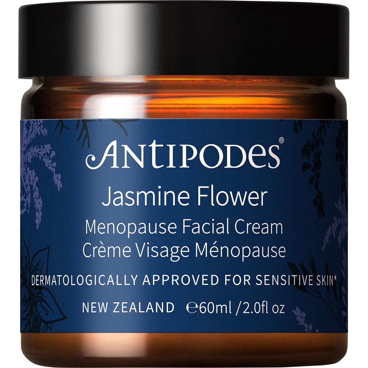 Antipodes Jasmine Flower Menopause Facial Cream 60ml glass jar with a black lid and purple floral label.