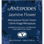 60ml box of Antipodes Jasmine Flower Menopause Facial Cream with purple floral patterns on a white background.