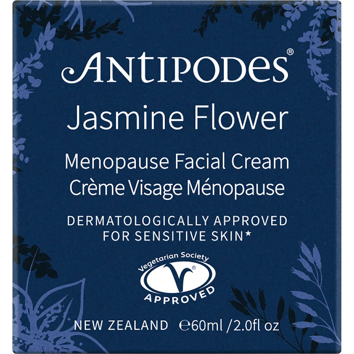 60ml box of Antipodes Jasmine Flower Menopause Facial Cream with purple floral patterns on a white background.