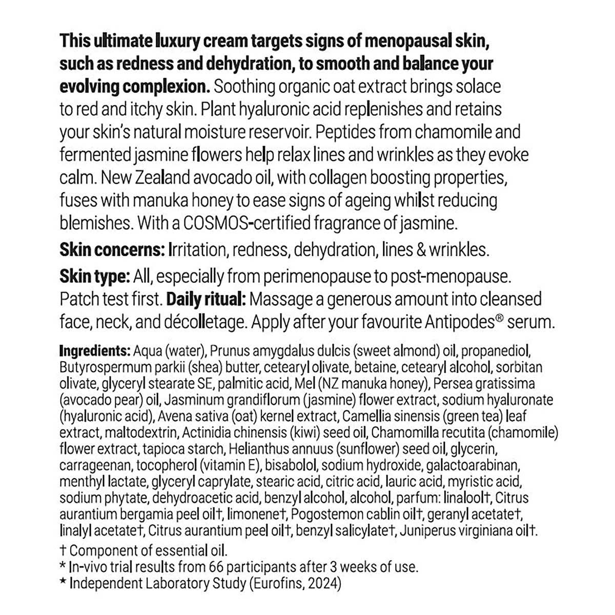 Back of Antipodes Jasmine Flower Menopause Facial Cream box showing ingredients, directions, and product details.