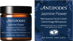 Antipodes Jasmine Flower Menopause Facial Cream 60ml jar and box set with purple floral illustrations.