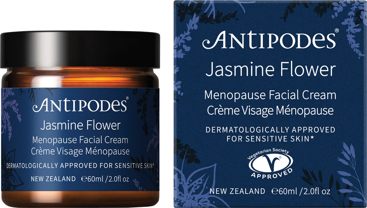 Antipodes Jasmine Flower Menopause Facial Cream 60ml jar and box set with purple floral illustrations.